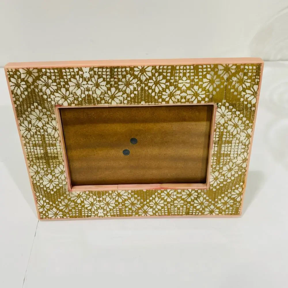 Two's Company Photo Picture Frame Standing Table Top Unique Pink Beige Batik 4x6